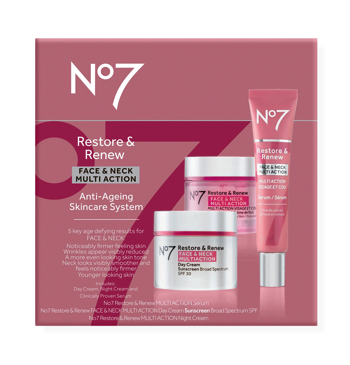 No7 Restore & Renew Multi Action Face & Neck Skincare System - New